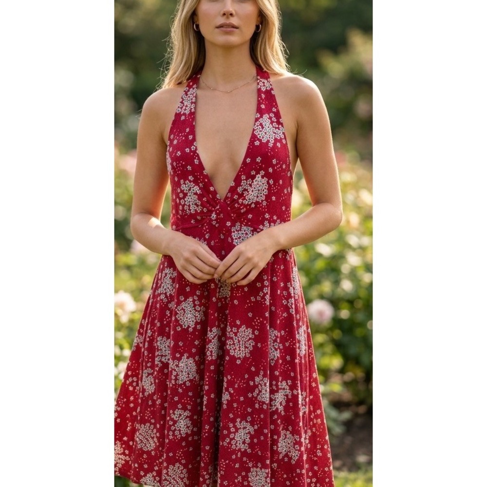 NWT FREE PEOPLE Red Ditsy Floral Mixed Print halter plunge Dress size M
